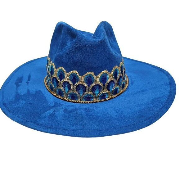 Peacock Royal Blue Velvet Cowboy Wide Brim Hat Tassel Embroidered Ribbon‎ Band M main image 10